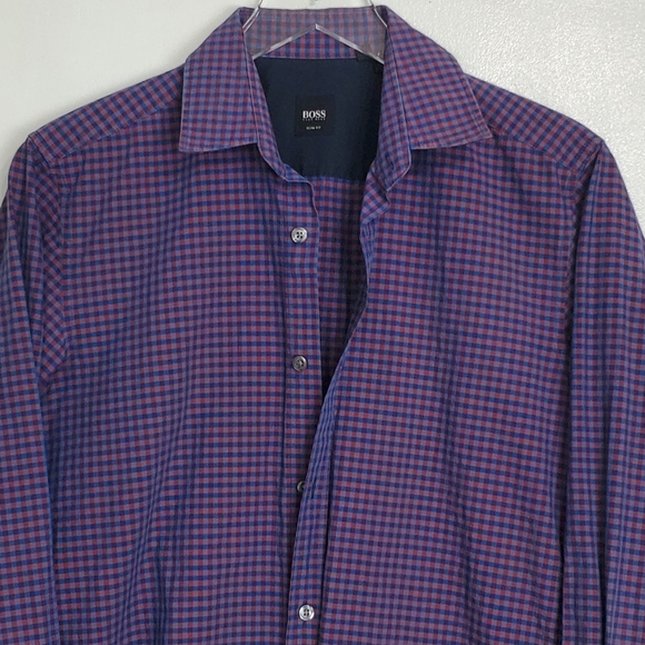 Boss Hugo Boss size S check plaid slim fit shirt blue button front long sleeve - Picture 3 of 11